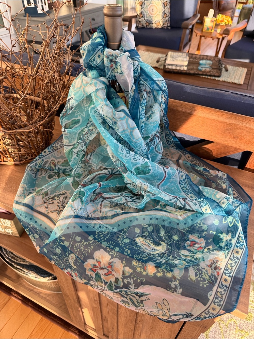 Vince Camuto Teal and Aqua Floral Paisley Scarf